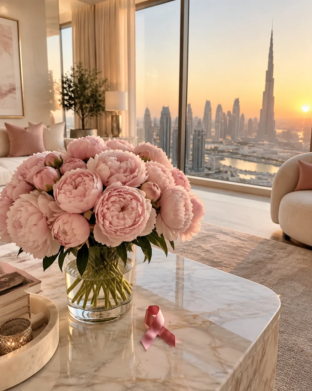 Dubai apartment with pink peonies and an awareness ribbon for Pink October
