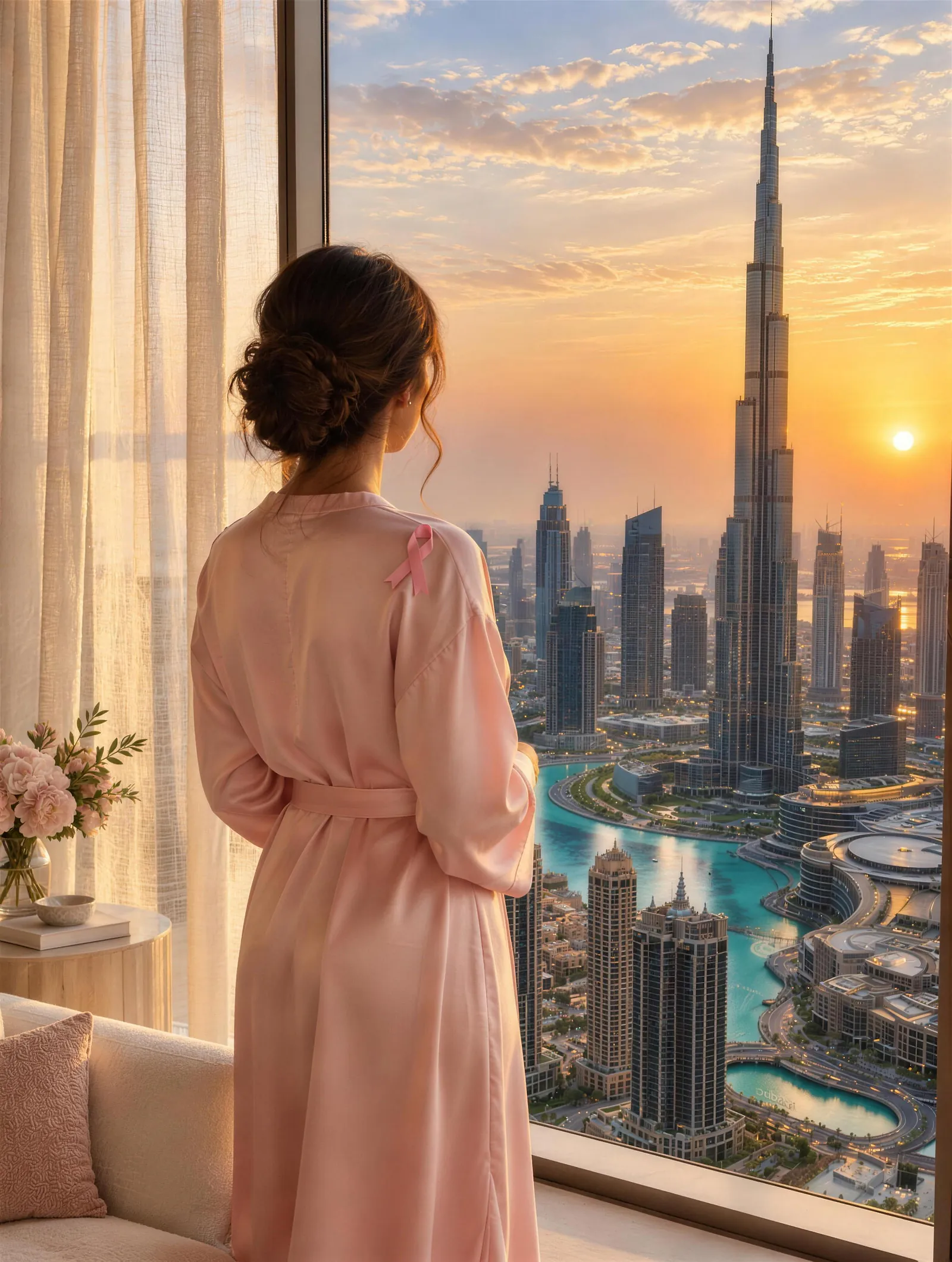 Woman in a Dubai apartment at sunset looking out at the Burj Khalifa, wearing a pink ribbon